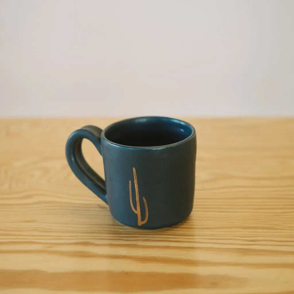 Coffee Mug | Navy with Hand-Painted Gold Cactus